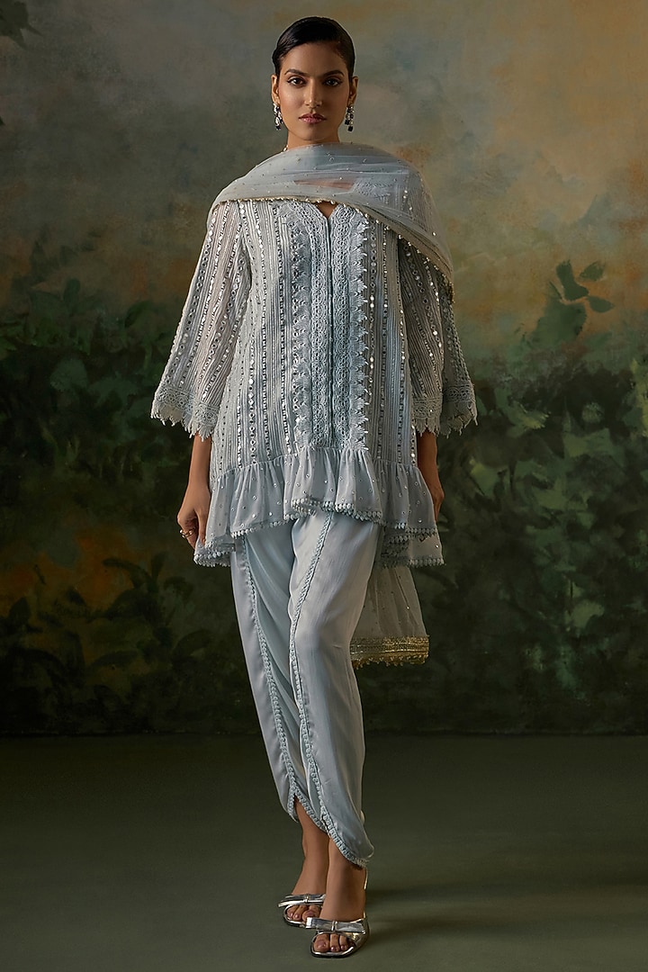 Pale Blue Georgette Mirror Embroidered Kurta Set by Mustard Moon by Neyha and Vrinda at Pernia's Pop Up Shop