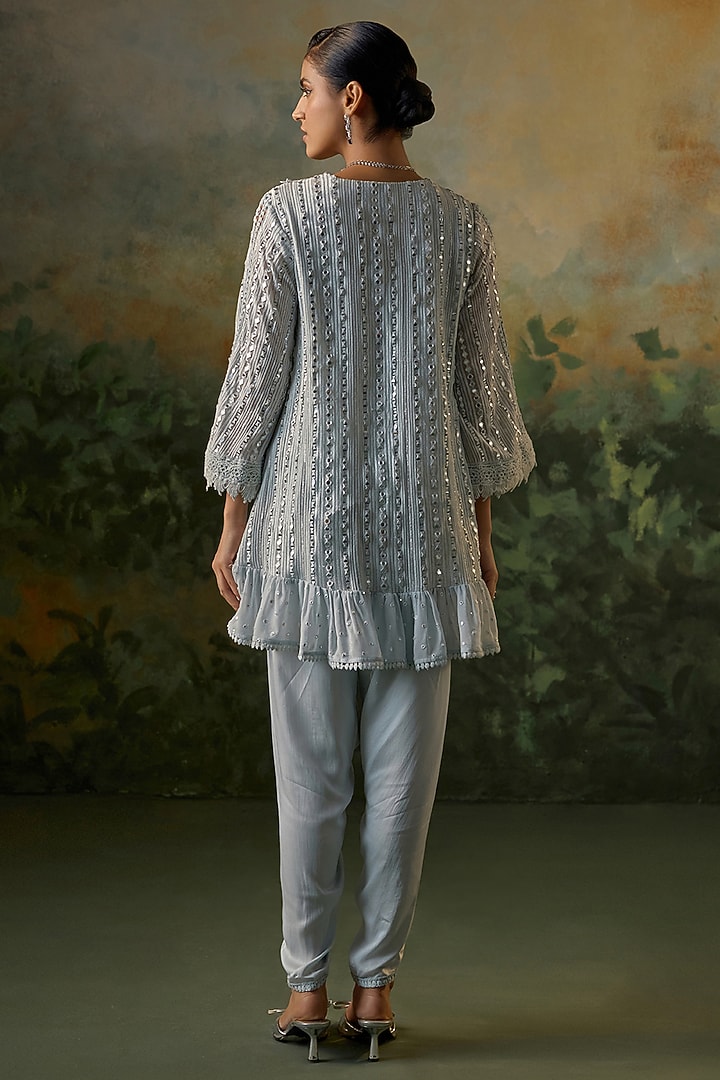 Pale Blue Georgette Mirror Embroidered Kurta Set by Mustard Moon by Neyha and Vrinda at Pernia's Pop Up Shop