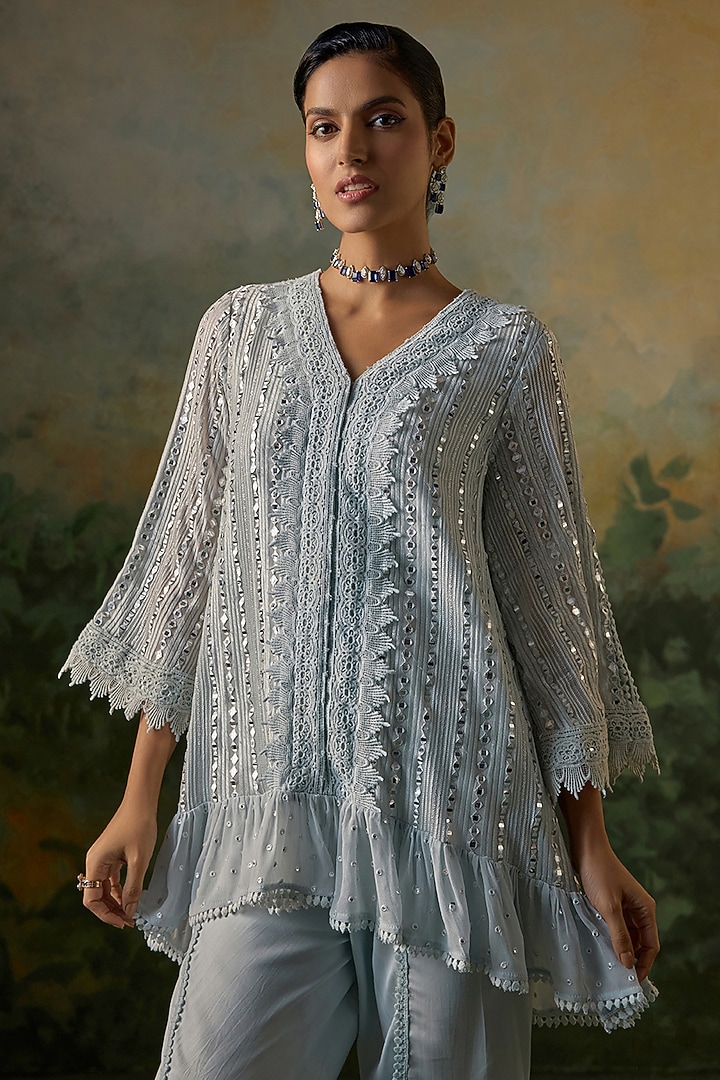Pale Blue Georgette Mirror Embroidered Kurta Set by Mustard Moon by Neyha and Vrinda at Pernia's Pop Up Shop