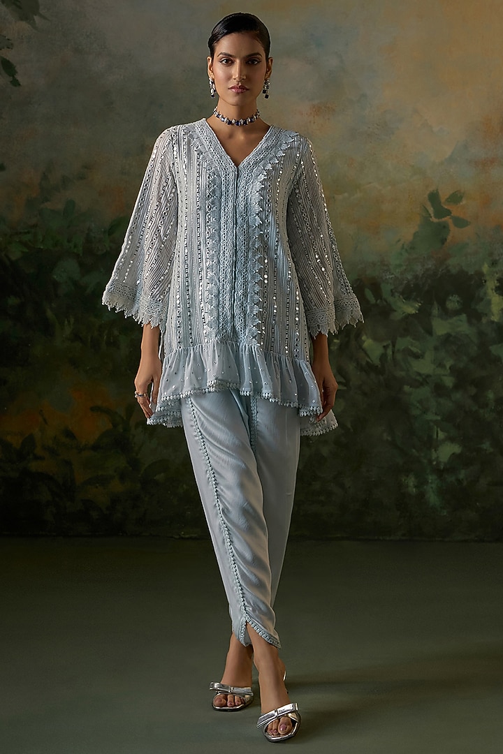 Pale Blue Georgette Mirror Embroidered Kurta Set by Mustard Moon by Neyha and Vrinda at Pernia's Pop Up Shop