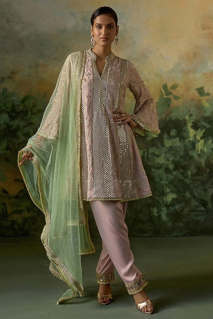Pale Pink & Mint Green Georgette Embroidered Kurta Set by Mustard Moon by Neyha and Vrinda at Pernia's Pop Up Shop