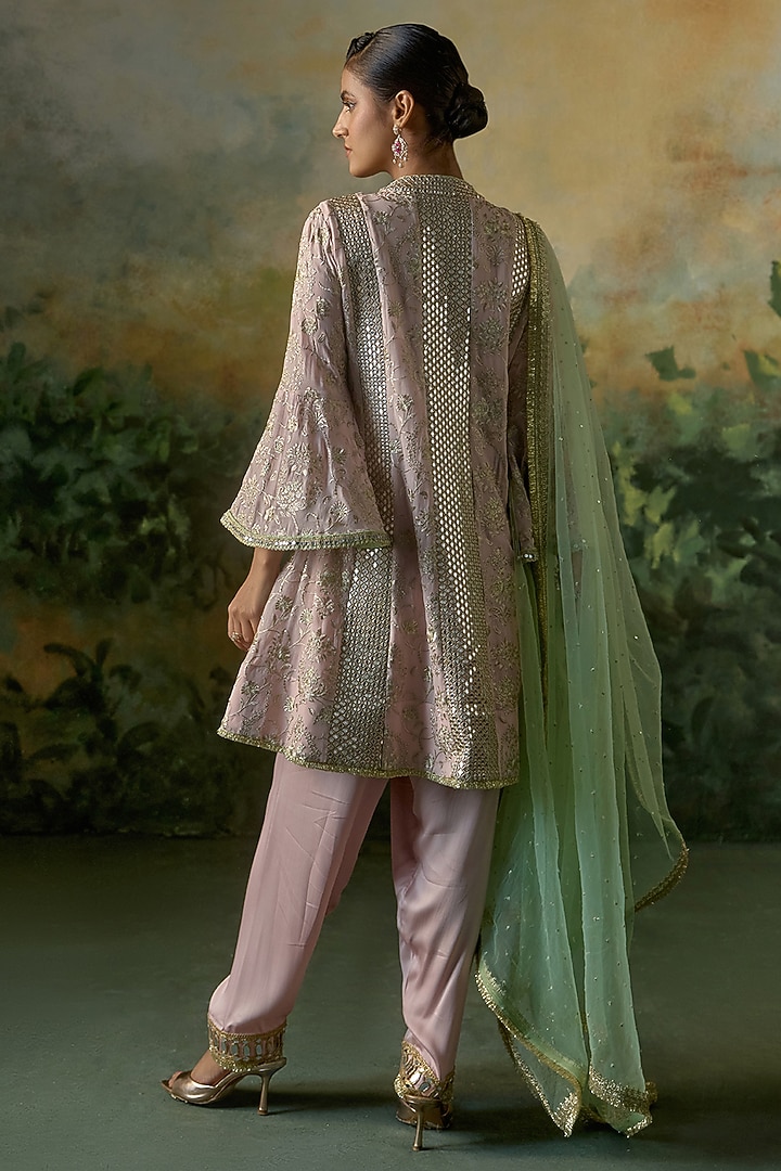 Pale Pink & Mint Green Georgette Embroidered Kurta Set by Mustard Moon by Neyha and Vrinda at Pernia's Pop Up Shop