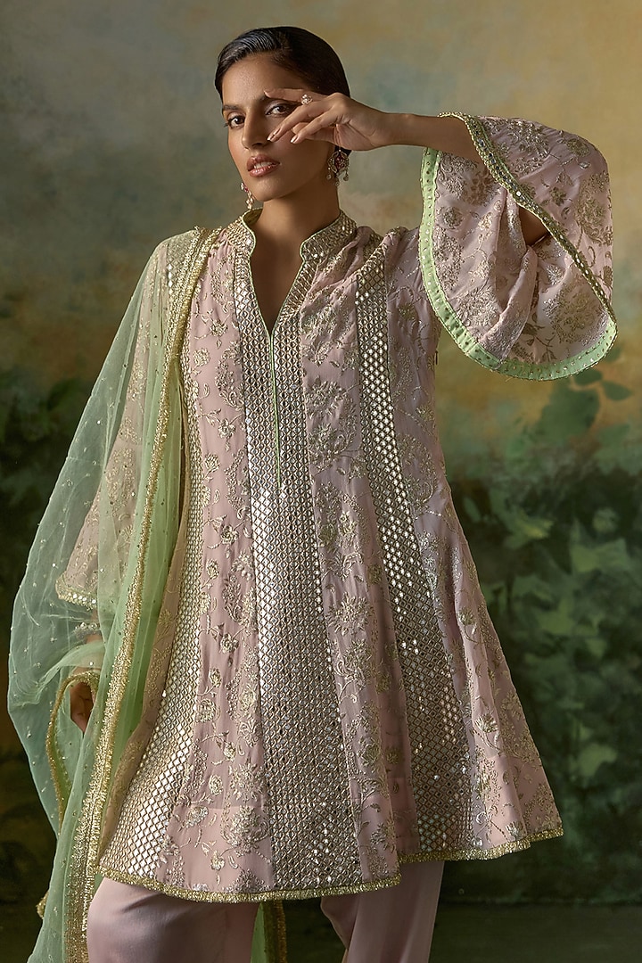 Pale Pink & Mint Green Georgette Embroidered Kurta Set by Mustard Moon by Neyha and Vrinda at Pernia's Pop Up Shop