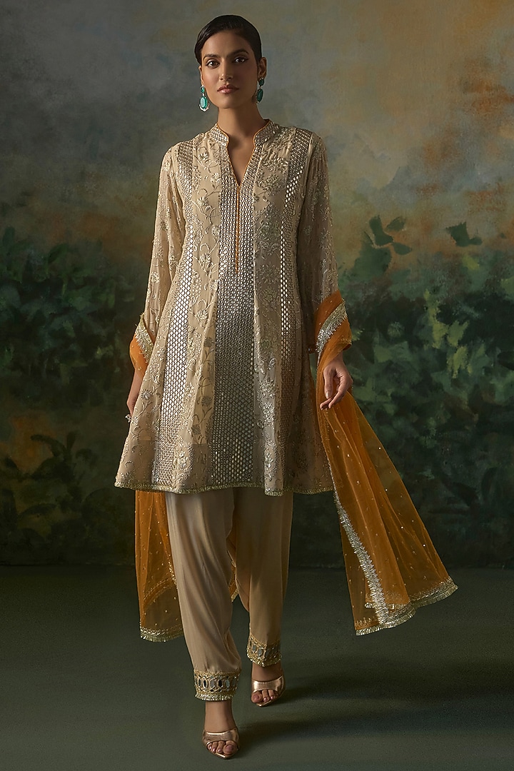 Sand & Saffron Georgette Embroidered Kurta Set by Mustard Moon by Neyha and Vrinda at Pernia's Pop Up Shop