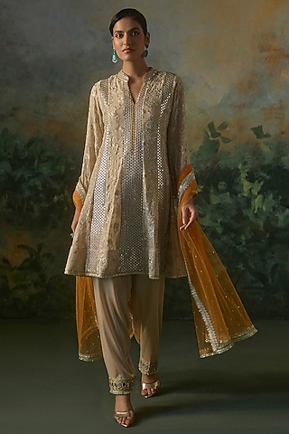 Sand & Saffron Georgette Embroidered Kurta Set by Mustard Moon by Neyha and Vrinda