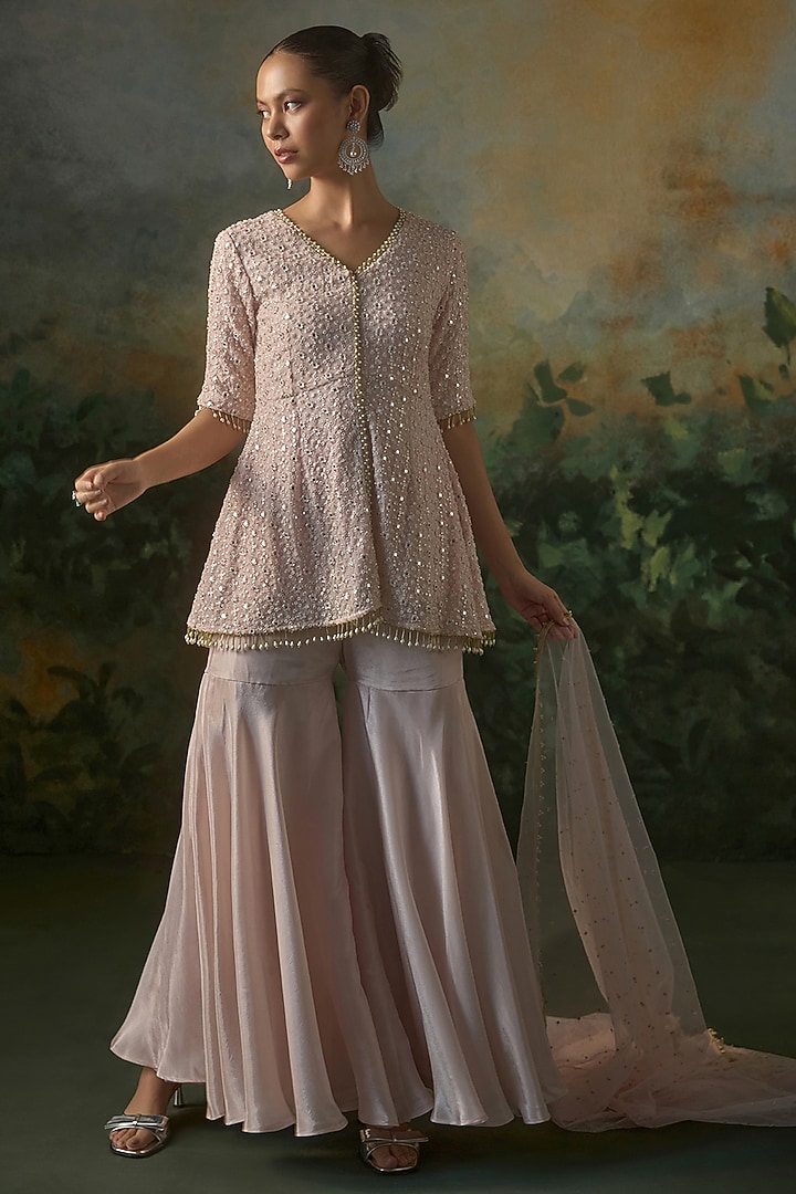 Powder Pink Tissue Party Wear Sharara Set by Mustard Moon by Neyha and Vrinda at Pernia's Pop Up Shop