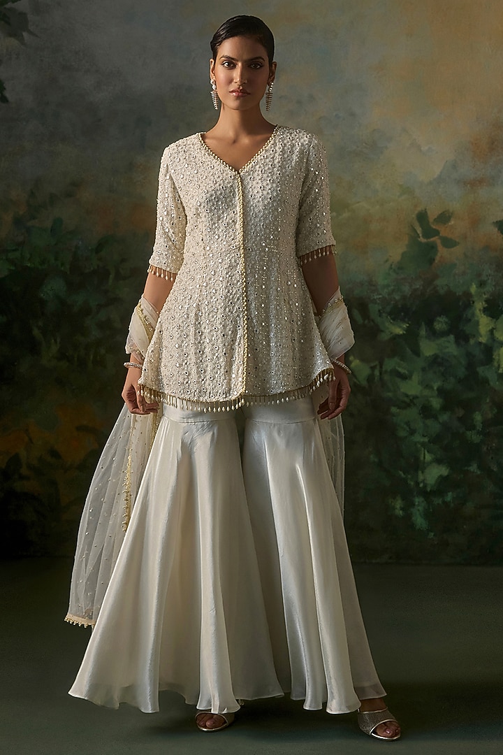 Ivory Tissue Party Wear Sharara Set by Mustard Moon by Neyha and Vrinda at Pernia's Pop Up Shop