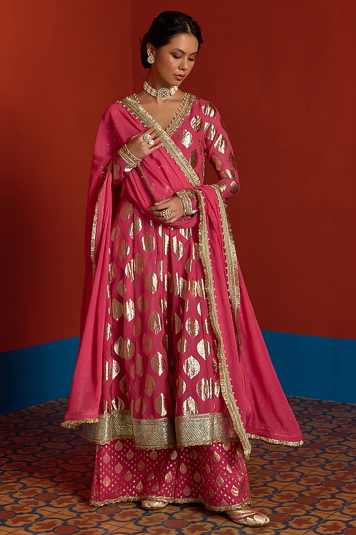 Razzmatazz Banarasi Chanderi Embroidered Party Wear Anarkali Set by Mustard Moon by Neyha and Vrinda at Pernia's Pop Up Shop