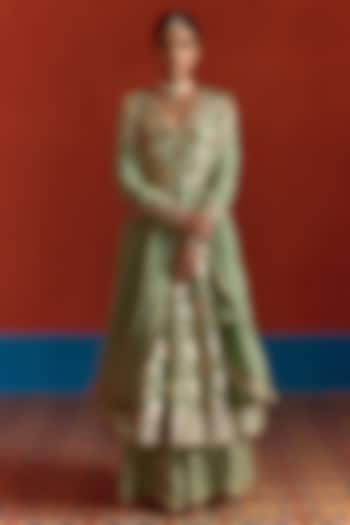 Fern Green Banarasi Chanderi Embroidered Party Wear Anarkali Set by Mustard Moon by Neyha and Vrinda at Pernia's Pop Up Shop