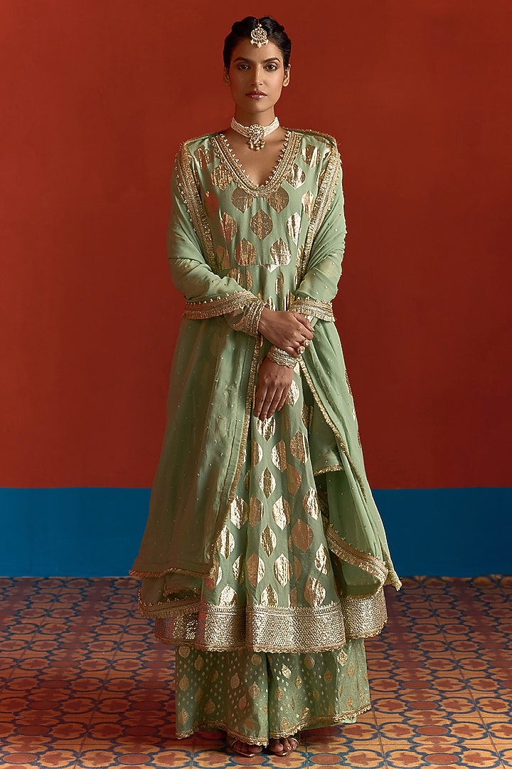 Fern Green Banarasi Chanderi Embroidered Party Wear Anarkali Set by Mustard Moon by Neyha and Vrinda at Pernia's Pop Up Shop