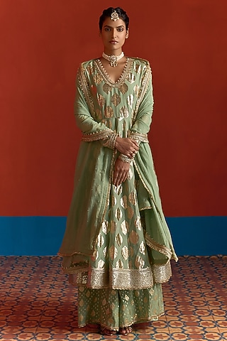 Fern Green Banarasi Chanderi Embroidered Anarkali Set by Mustard Moon by Neyha and Vrinda