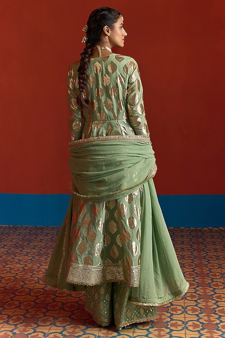 Fern Green Banarasi Chanderi Embroidered Party Wear Anarkali Set by Mustard Moon by Neyha and Vrinda at Pernia's Pop Up Shop