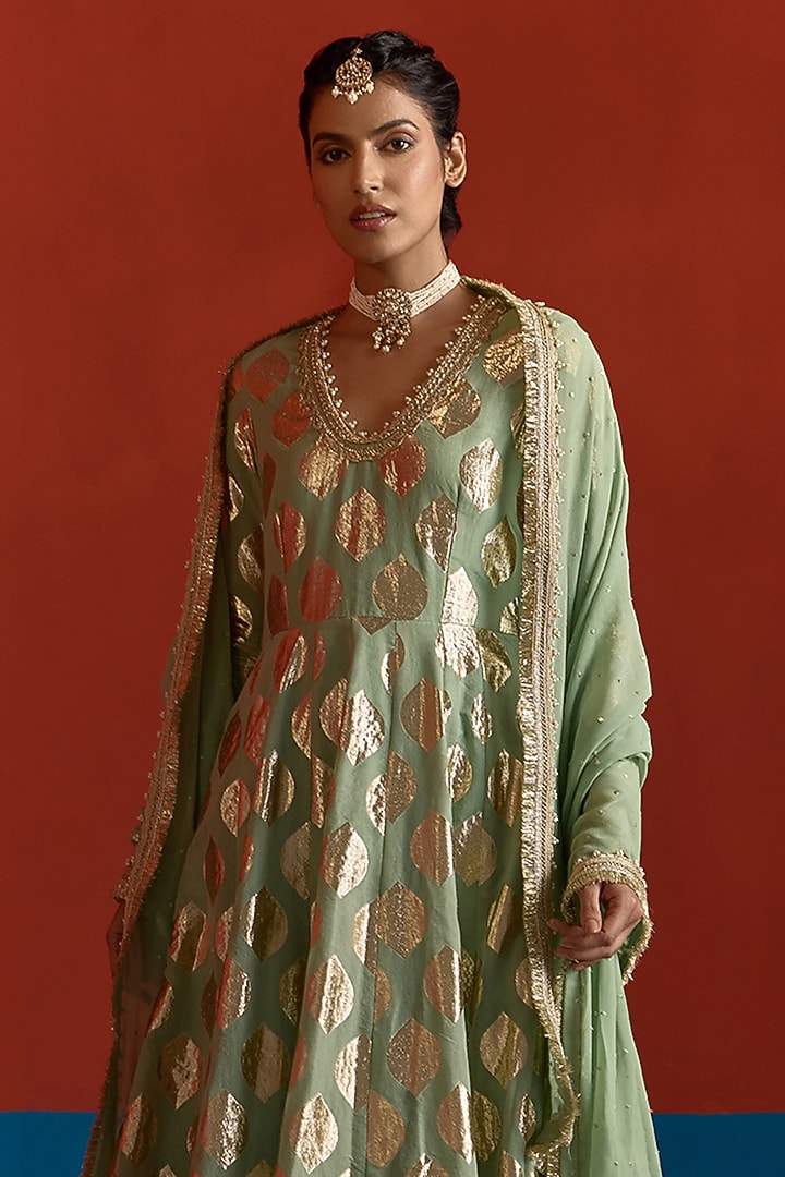 Fern Green Banarasi Chanderi Embroidered Party Wear Anarkali Set by Mustard Moon by Neyha and Vrinda at Pernia's Pop Up Shop