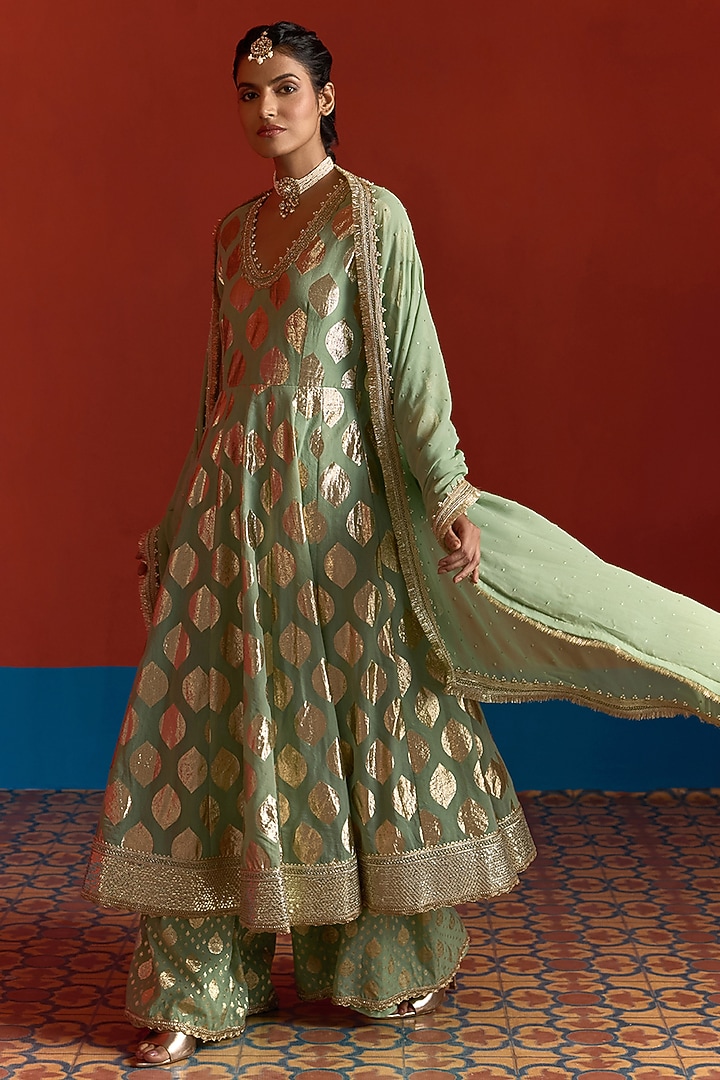 Fern Green Banarasi Chanderi Embroidered Party Wear Anarkali Set by Mustard Moon by Neyha and Vrinda at Pernia's Pop Up Shop