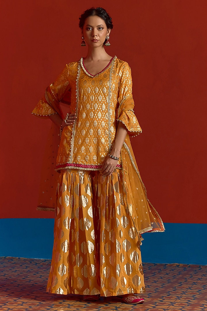Saffron Banarasi Chanderi Party Wear Sharara Set by Mustard Moon by Neyha and Vrinda at Pernia's Pop Up Shop
