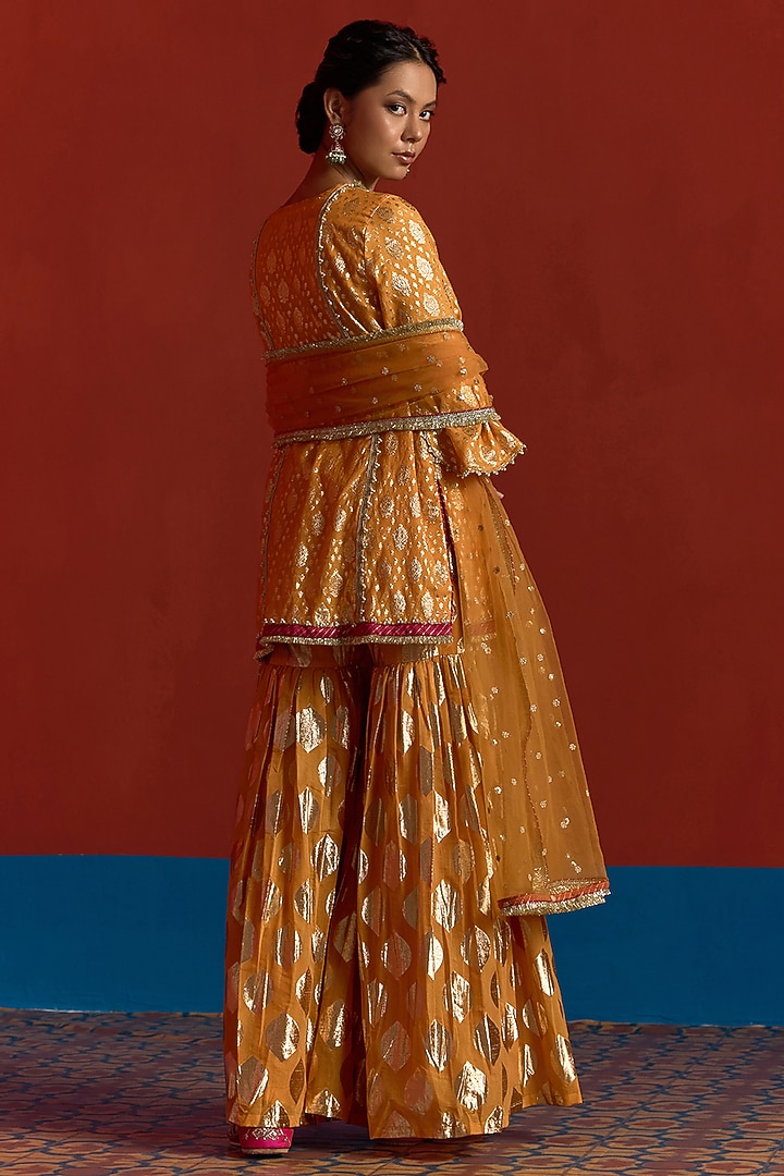 Saffron Banarasi Chanderi Party Wear Sharara Set by Mustard Moon by Neyha and Vrinda at Pernia's Pop Up Shop