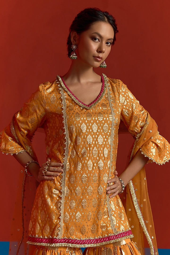 Saffron Banarasi Chanderi Party Wear Sharara Set by Mustard Moon by Neyha and Vrinda at Pernia's Pop Up Shop