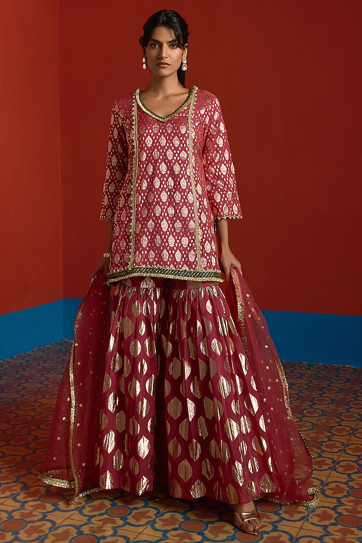 Deep Wine Banarasi Chanderi Party Wear Sharara Set by Mustard Moon by Neyha and Vrinda at Pernia's Pop Up Shop