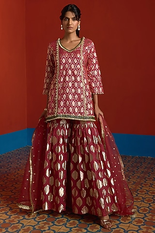 Deep Wine Banarasi Chanderi Sharara Set by Mustard Moon by Neyha and Vrinda