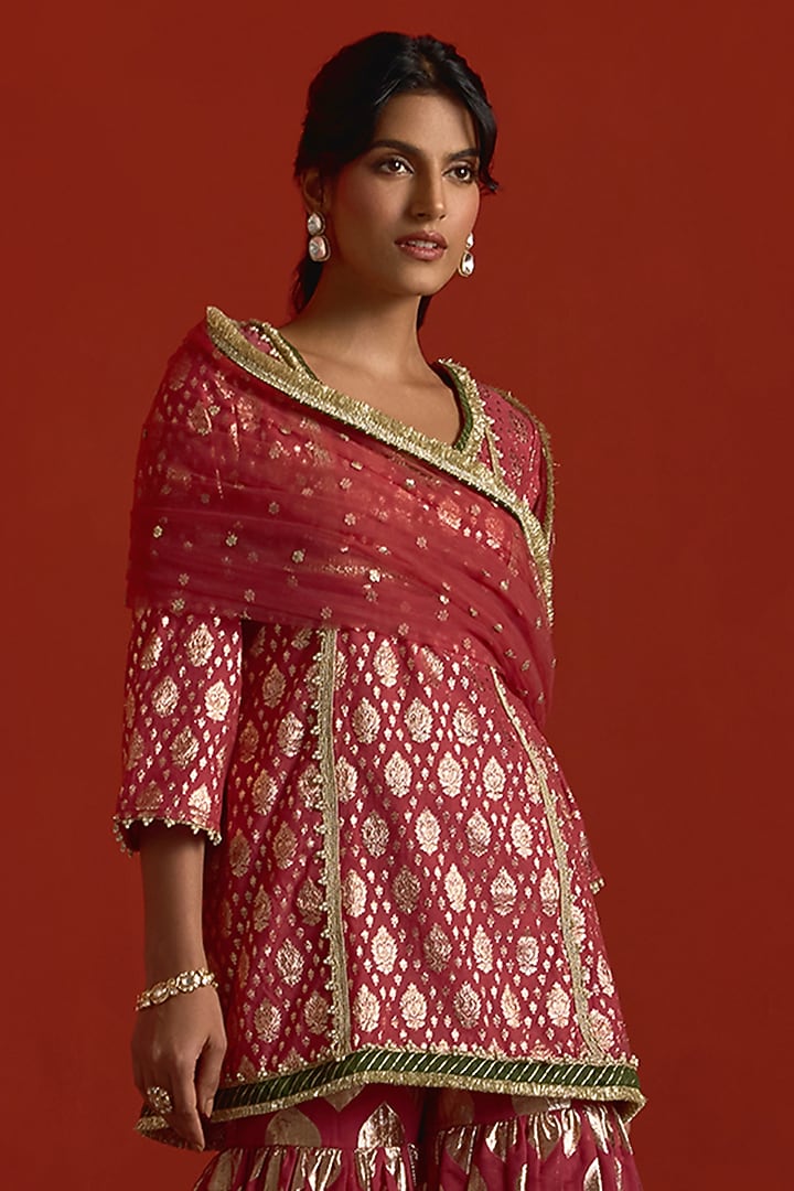 Deep Wine Banarasi Chanderi Party Wear Sharara Set by Mustard Moon by Neyha and Vrinda at Pernia's Pop Up Shop