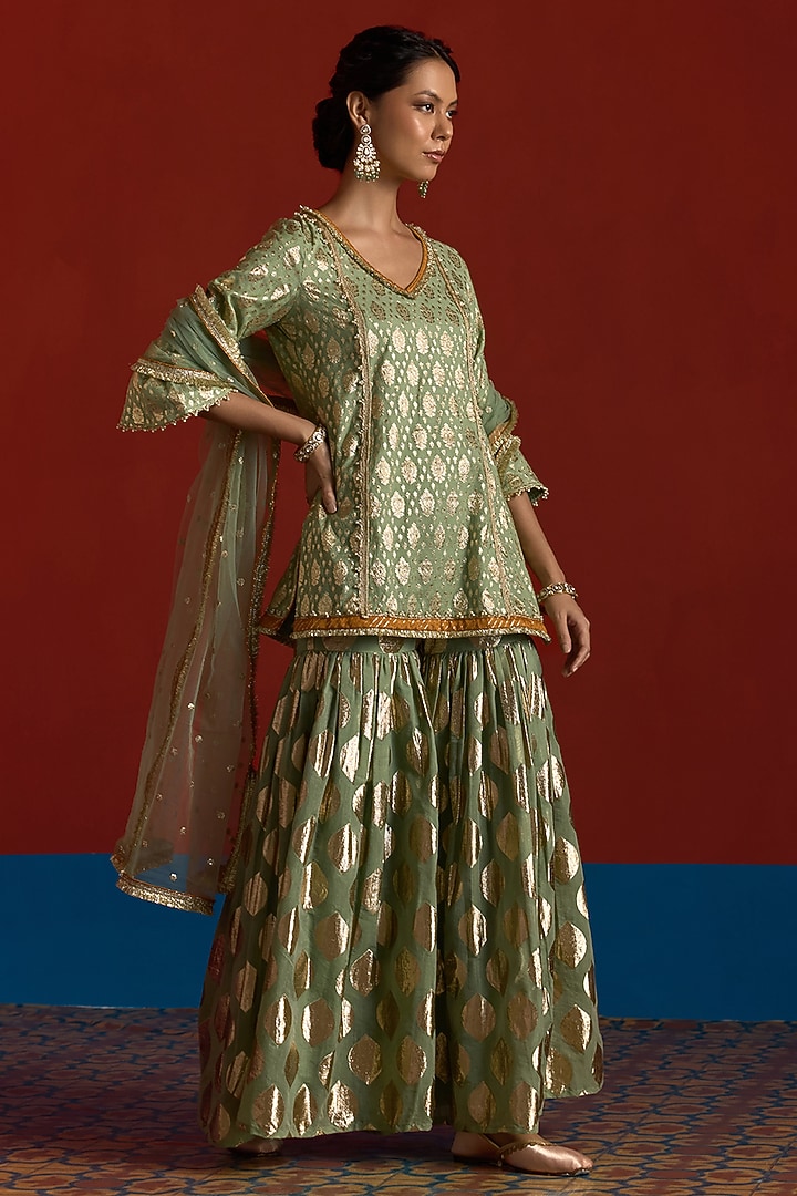 Fern Green Banarasi Chanderi Party Wear Sharara Set by Mustard Moon by Neyha and Vrinda at Pernia's Pop Up Shop