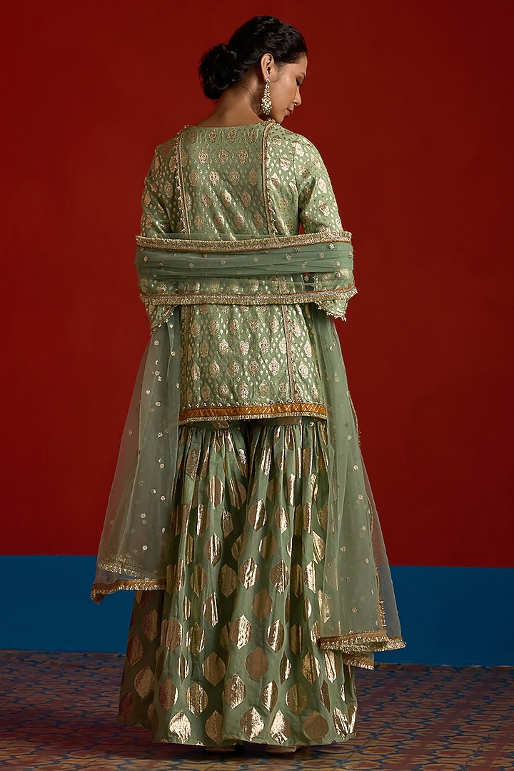 Fern Green Banarasi Chanderi Party Wear Sharara Set by Mustard Moon by Neyha and Vrinda at Pernia's Pop Up Shop