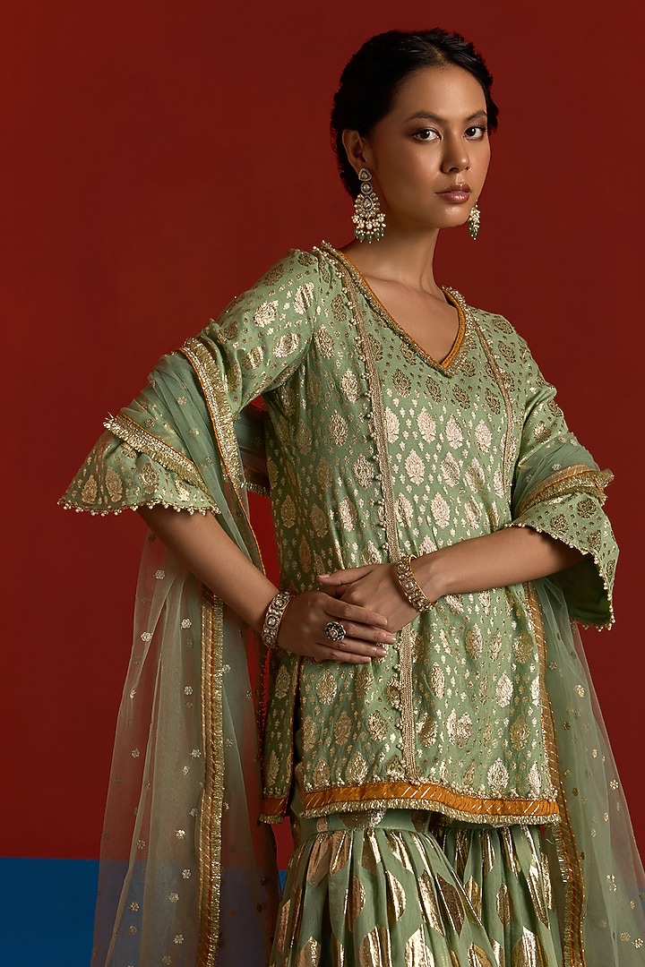Fern Green Banarasi Chanderi Party Wear Sharara Set by Mustard Moon by Neyha and Vrinda at Pernia's Pop Up Shop
