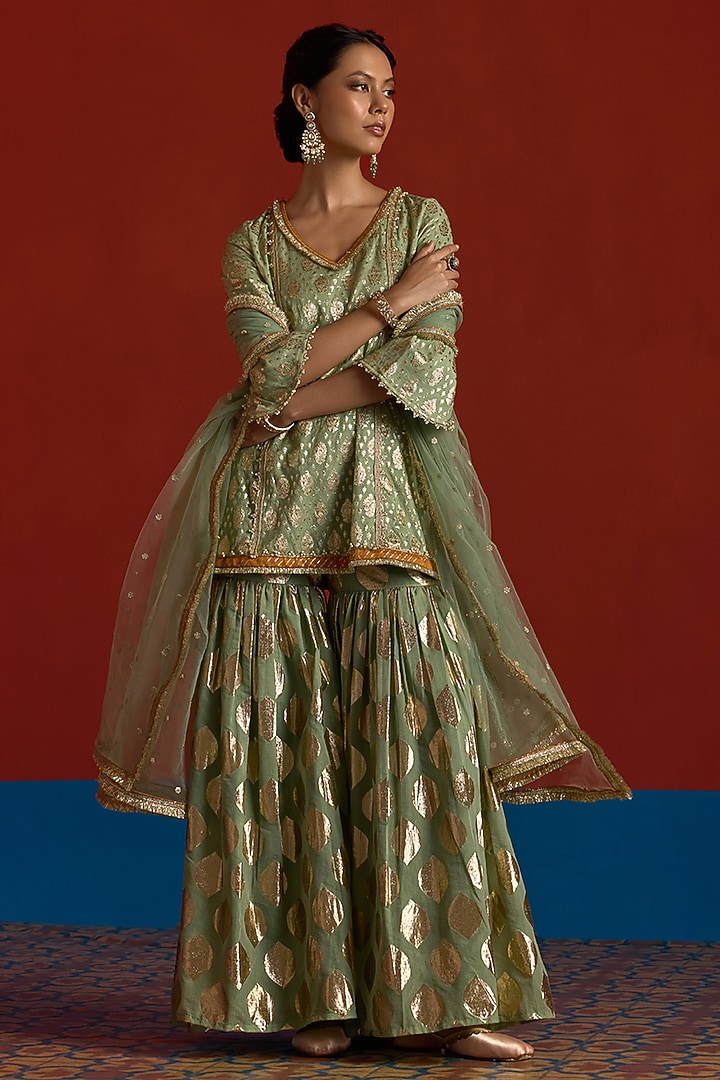 Fern Green Banarasi Chanderi Party Wear Sharara Set by Mustard Moon by Neyha and Vrinda at Pernia's Pop Up Shop
