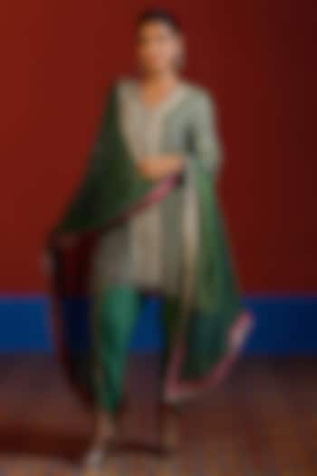 Green & Hot Pink Georgette Mirror Embroidered Kurta Set by Mustard Moon by Neyha and Vrinda at Pernia's Pop Up Shop