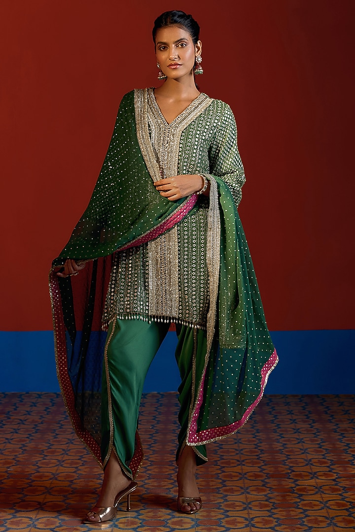 Green & Hot Pink Georgette Mirror Embroidered Kurta Set by Mustard Moon by Neyha and Vrinda at Pernia's Pop Up Shop