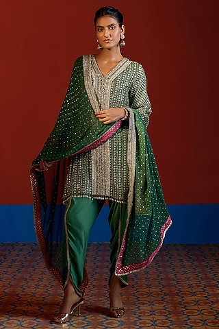 Green & Hot Pink Georgette Mirror Embroidered Kurta Set by Mustard Moon by Neyha and Vrinda