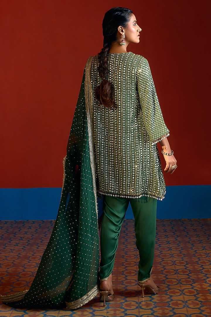 Green & Hot Pink Georgette Mirror Embroidered Kurta Set by Mustard Moon by Neyha and Vrinda at Pernia's Pop Up Shop