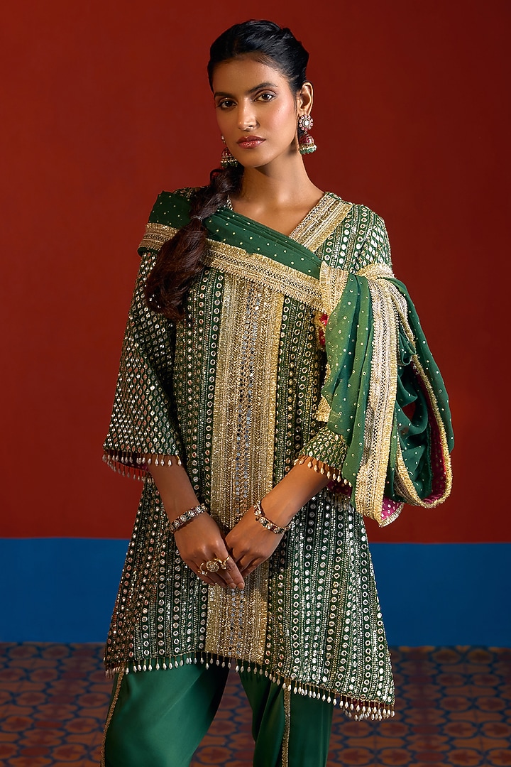 Green & Hot Pink Georgette Mirror Embroidered Kurta Set by Mustard Moon by Neyha and Vrinda at Pernia's Pop Up Shop