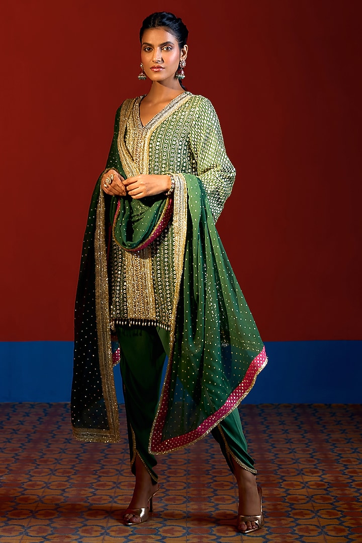 Green & Hot Pink Georgette Mirror Embroidered Kurta Set by Mustard Moon by Neyha and Vrinda at Pernia's Pop Up Shop