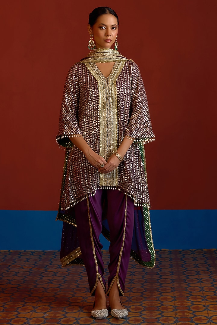 Purple & Green Georgette Mirror Embroidered Kurta Set by Mustard Moon by Neyha and Vrinda at Pernia's Pop Up Shop