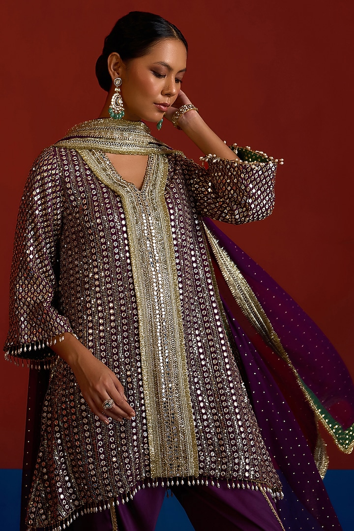 Purple & Green Georgette Mirror Embroidered Kurta Set by Mustard Moon by Neyha and Vrinda at Pernia's Pop Up Shop