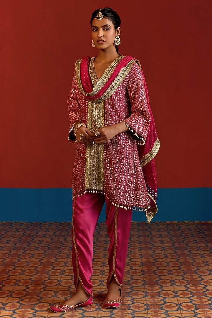 Hot Pink & Purple Georgette Mirror Embroidered Kurta Set by Mustard Moon by Neyha and Vrinda at Pernia's Pop Up Shop