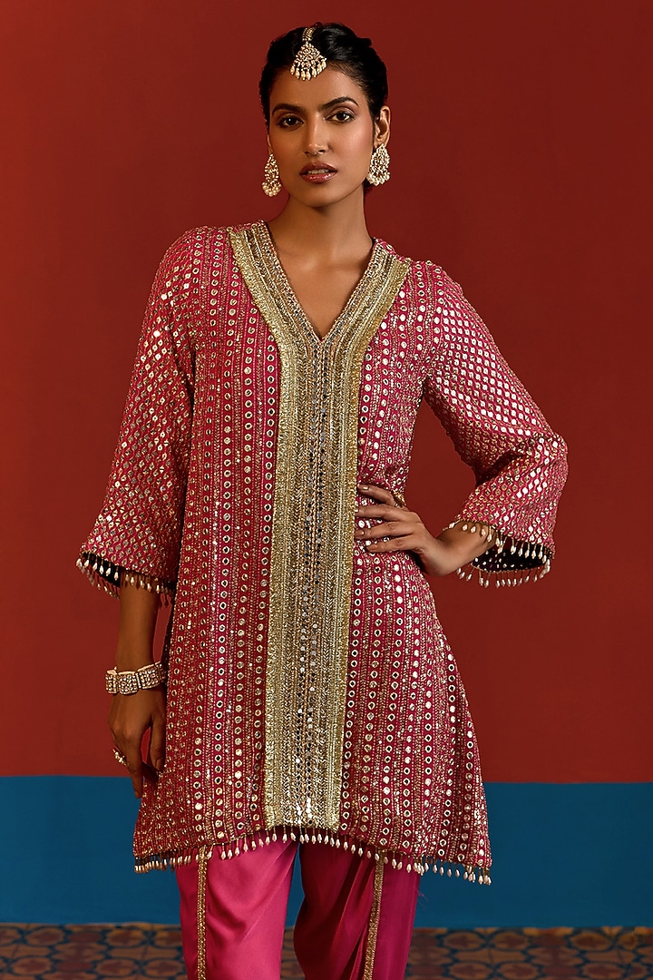 Hot Pink & Purple Georgette Mirror Embroidered Kurta Set by Mustard Moon by Neyha and Vrinda at Pernia's Pop Up Shop