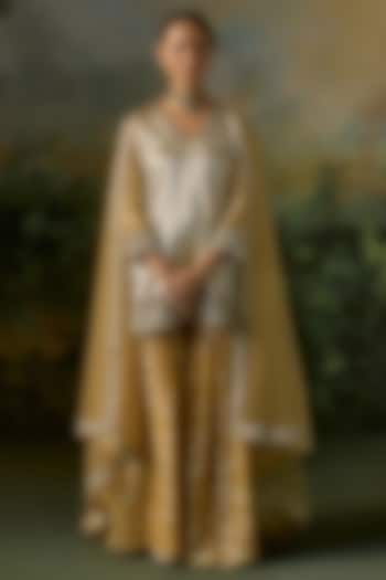 Saffron & Gold Georgette Wedding Sharara Set by Mustard Moon by Neyha and Vrinda at Pernia's Pop Up Shop