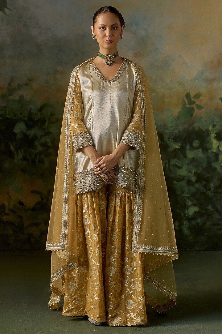 Saffron & Gold Georgette Wedding Sharara Set by Mustard Moon by Neyha and Vrinda at Pernia's Pop Up Shop