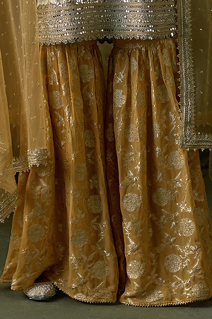 Saffron & Gold Georgette Wedding Sharara Set by Mustard Moon by Neyha and Vrinda at Pernia's Pop Up Shop