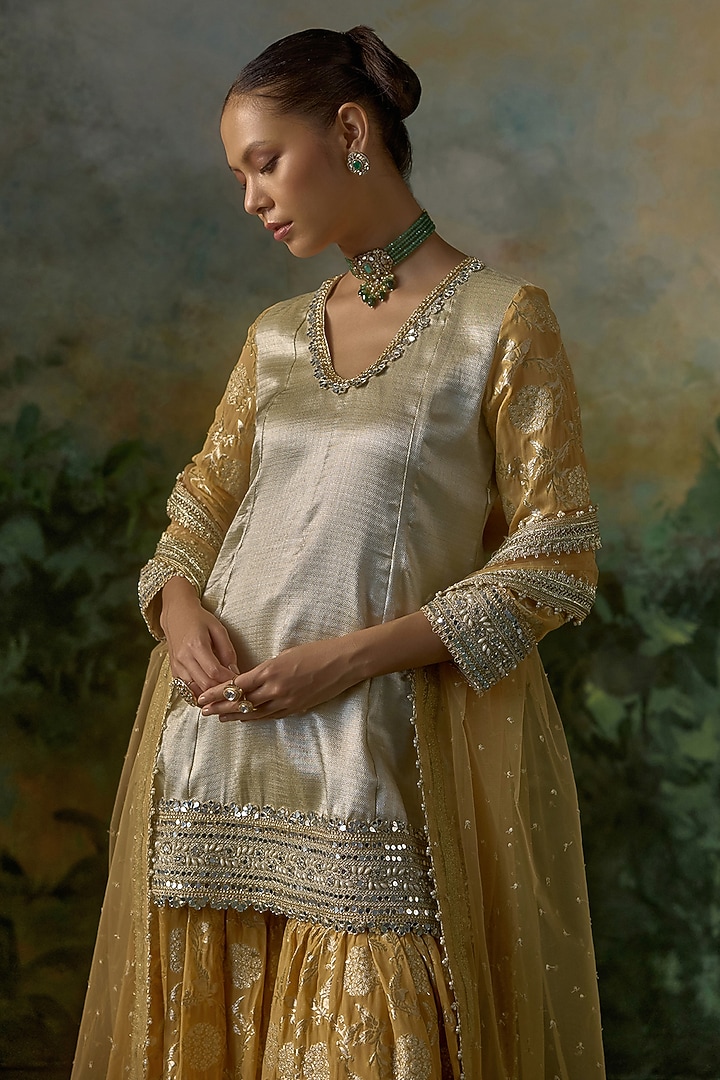 Saffron & Gold Georgette Wedding Sharara Set by Mustard Moon by Neyha and Vrinda at Pernia's Pop Up Shop