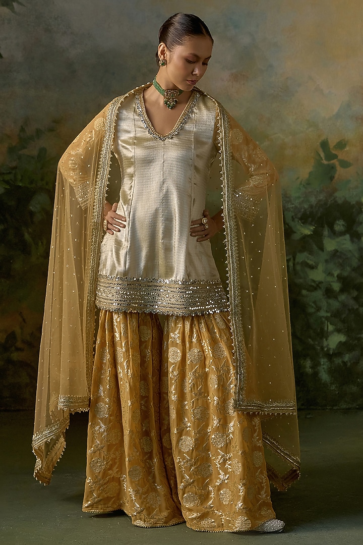 Saffron & Gold Georgette Wedding Sharara Set by Mustard Moon by Neyha and Vrinda at Pernia's Pop Up Shop