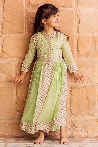 Mint Green Chiffon Printed & Dori Embroidered Anarkali Dress For Girls by MISSPRINT