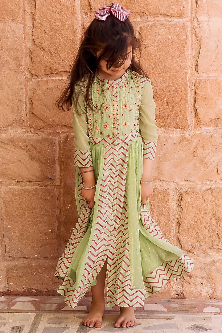 Mint Green Chiffon Printed & Dori Embroidered Anarkali Dress For Girls by MISSPRINT at Pernia's Pop Up Shop