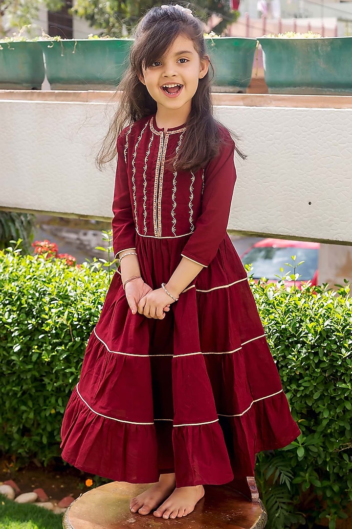 Maroon Cotton Sequins Embroidered Tiered Dress For Girls by MISSPRINT at Pernia's Pop Up Shop