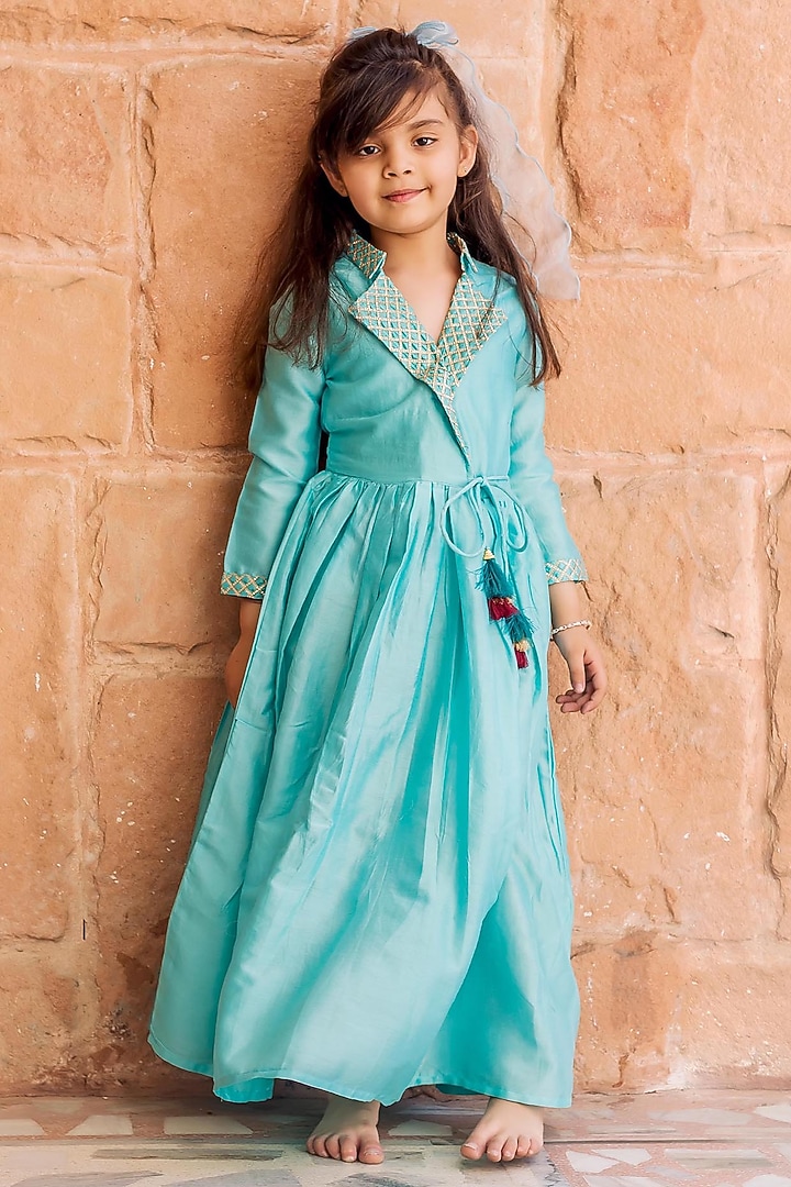 Turquoise Chanderi Flared Dress For Girls by MISSPRINT at Pernia's Pop Up Shop