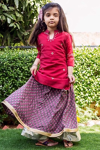 Maroon Chanderi Zari Embroidered Kurta Set For Girls by MISSPRINT