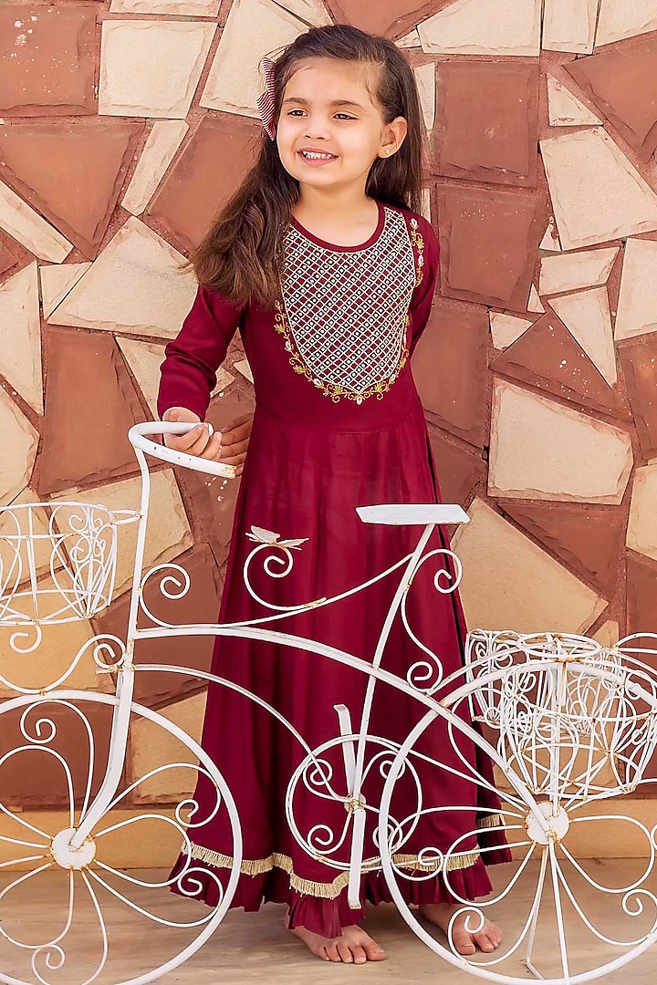 Maroon Modal Thread Embroidered Dress For Girls by MISSPRINT at Pernia's Pop Up Shop