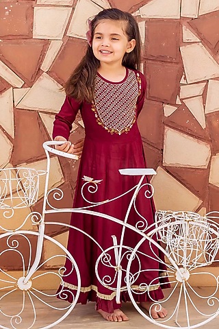 Maroon Modal Thread Embroidered Dress For Girls by MISSPRINT